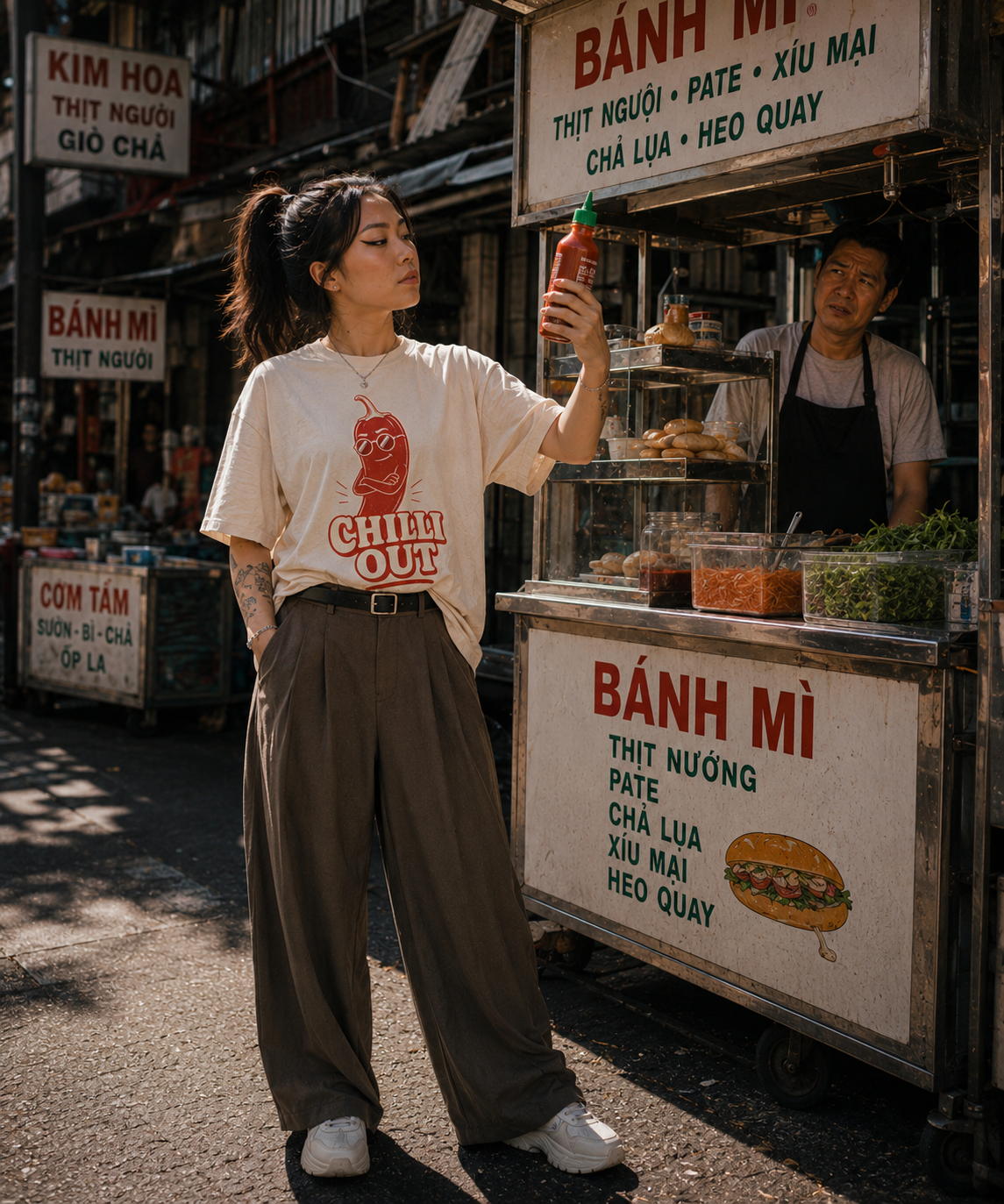 Mien Bích modelling Chilli Out, Bánh Mì Shop limited drop shirt